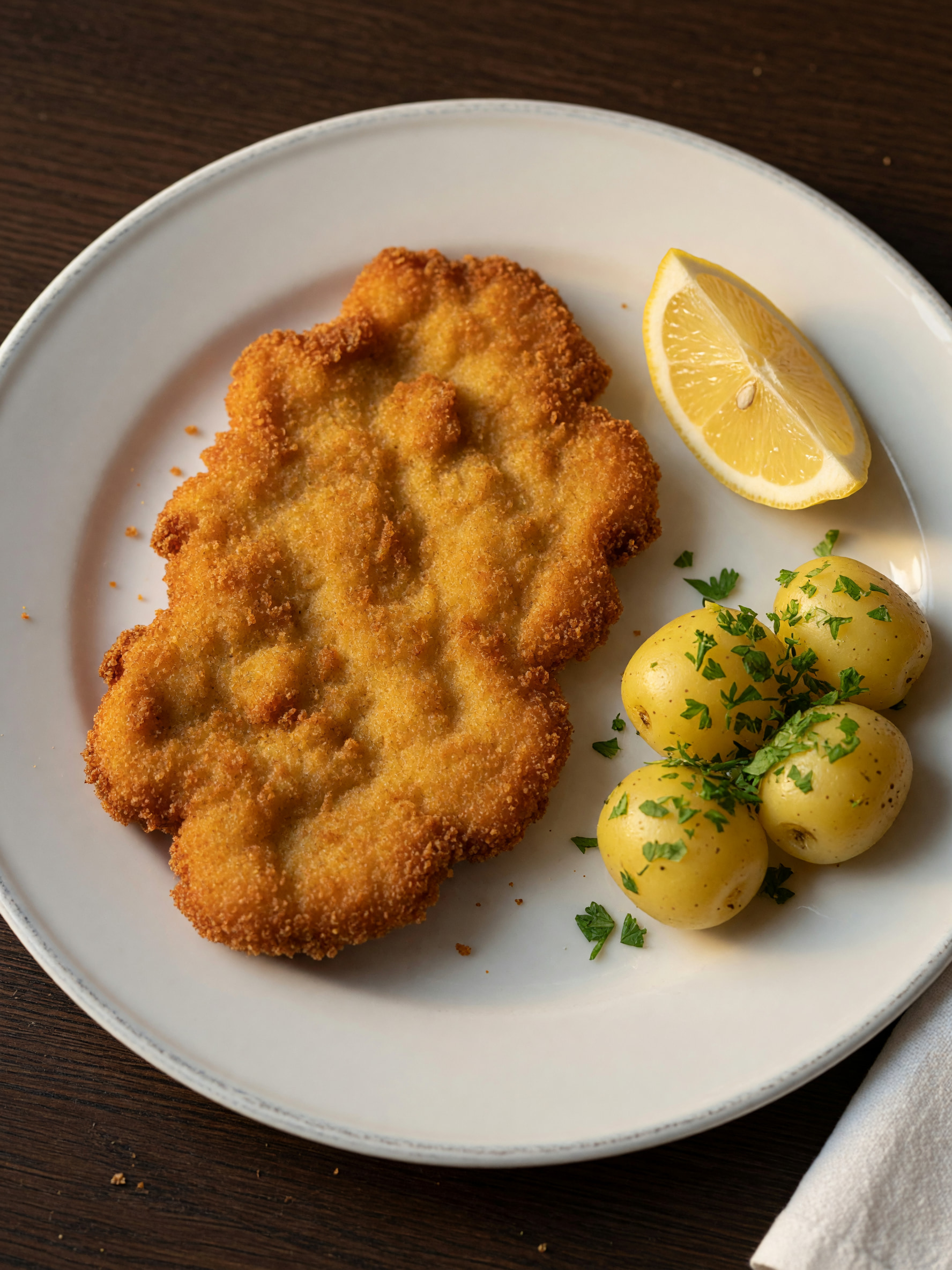 Goldbraun gebackenes Schnitzel mit Zitronenspalte und Erdäpfeln auf weißem Teller